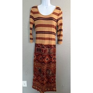 Peruvian Connection Geometric Sweater Maxi Dress S Pima Cotton Tan Red